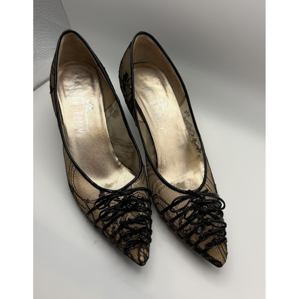 Rare Michel Perry Lace Mesh Pumps 36.5 Black Nude‎ Kitten Heel Pointed Y2K Italy
